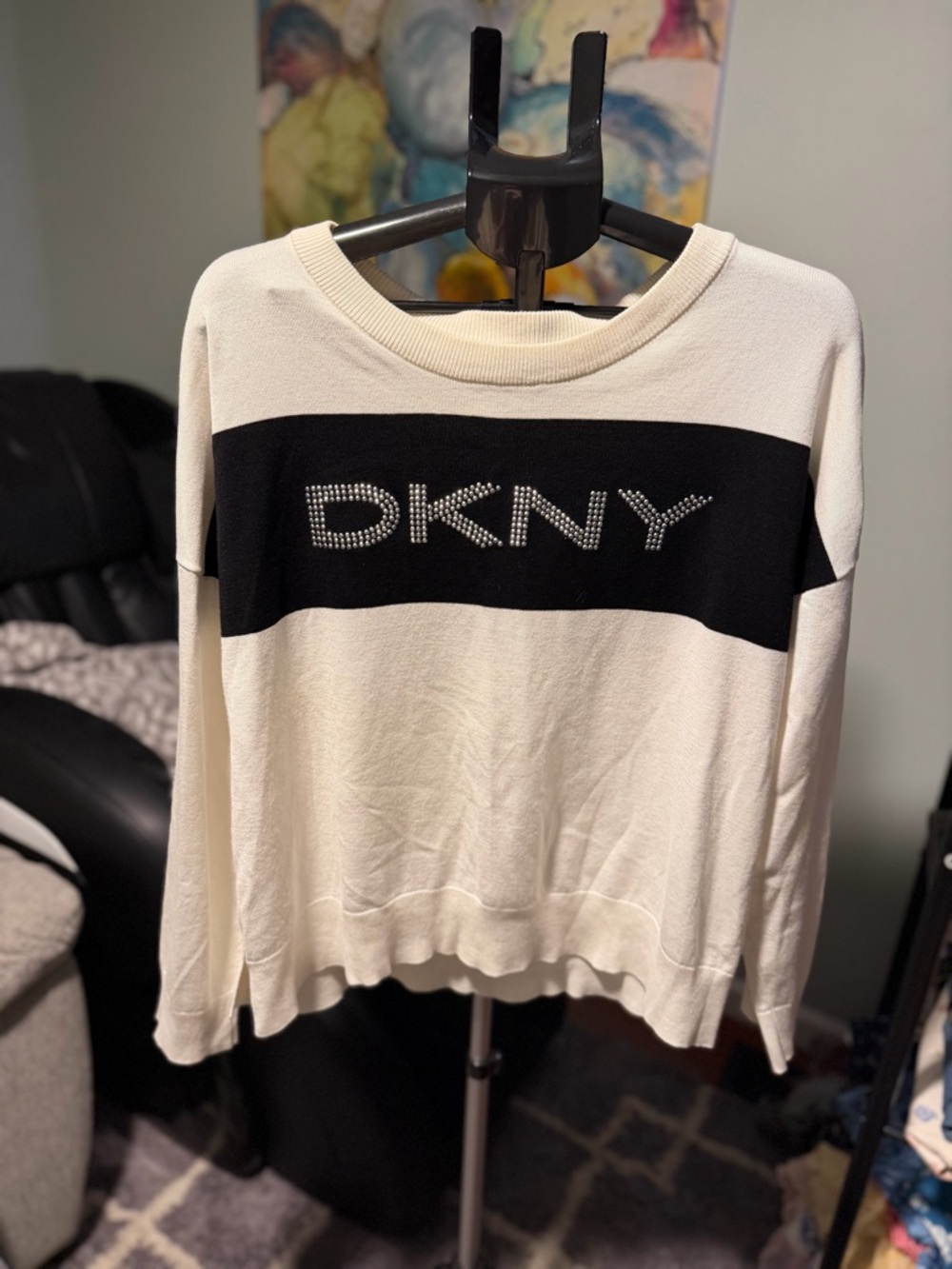 Dkny y2k bedazzled oversized sweater white black XL